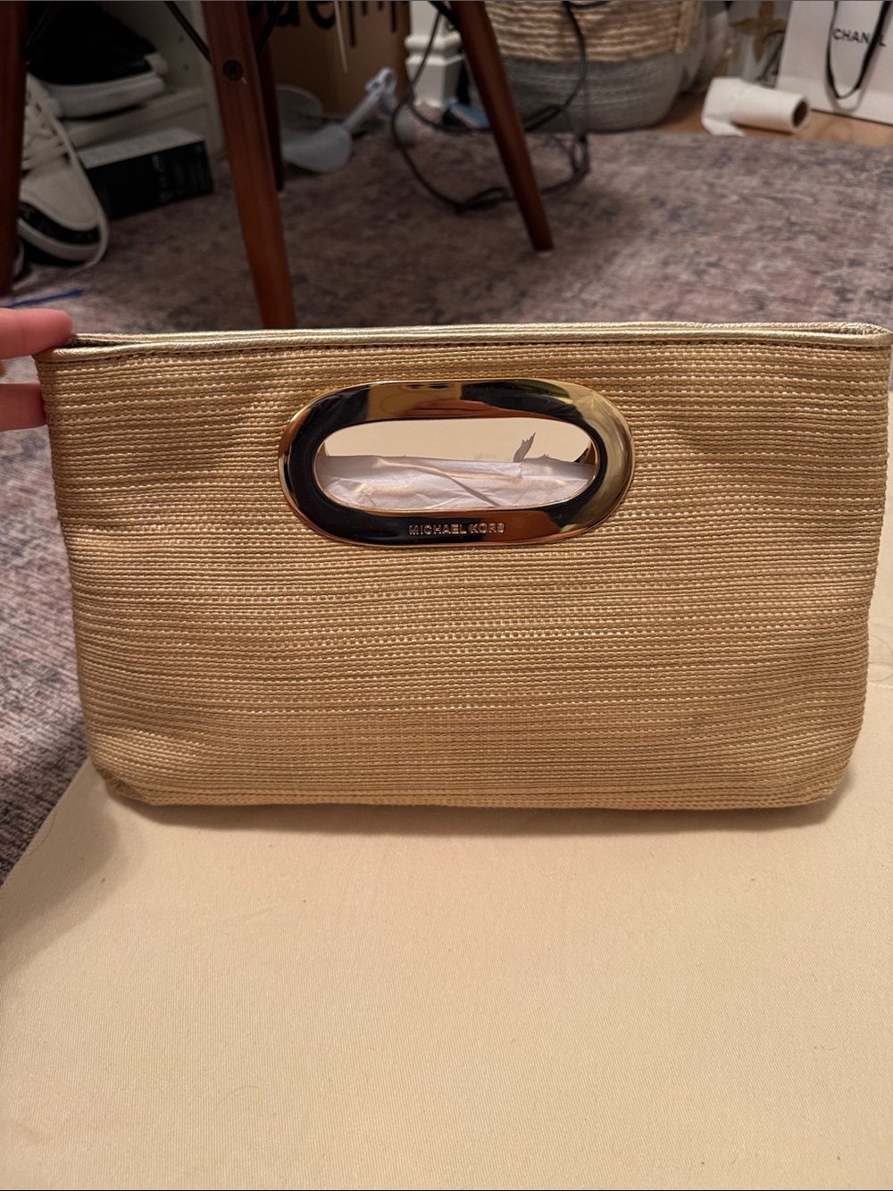 Michael Kors Straw Wristlet Clutch in Beige with Gold Accent